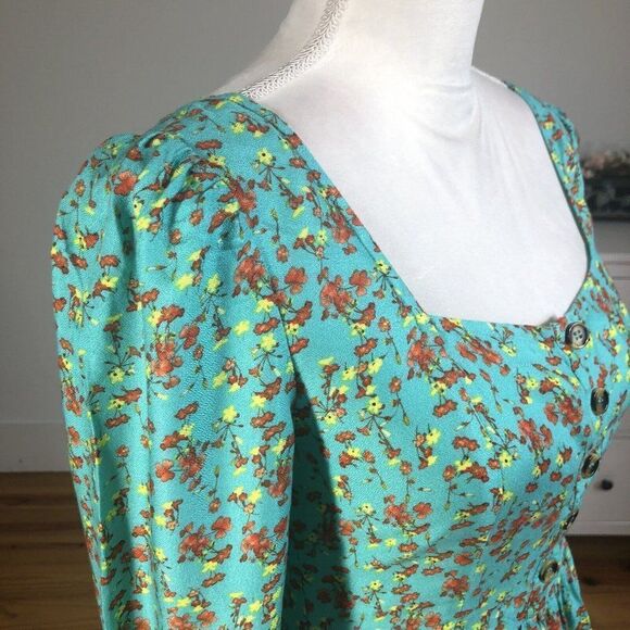 Chelsea & Violet Small Long Sleeve Aqua Cottage Core Dress Prairie Floral Mini - Picture 10 of 12